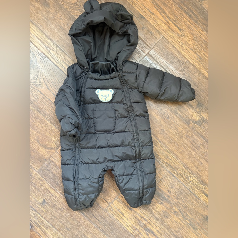 Black Puffer Baby Snowsuit with Bear Patch